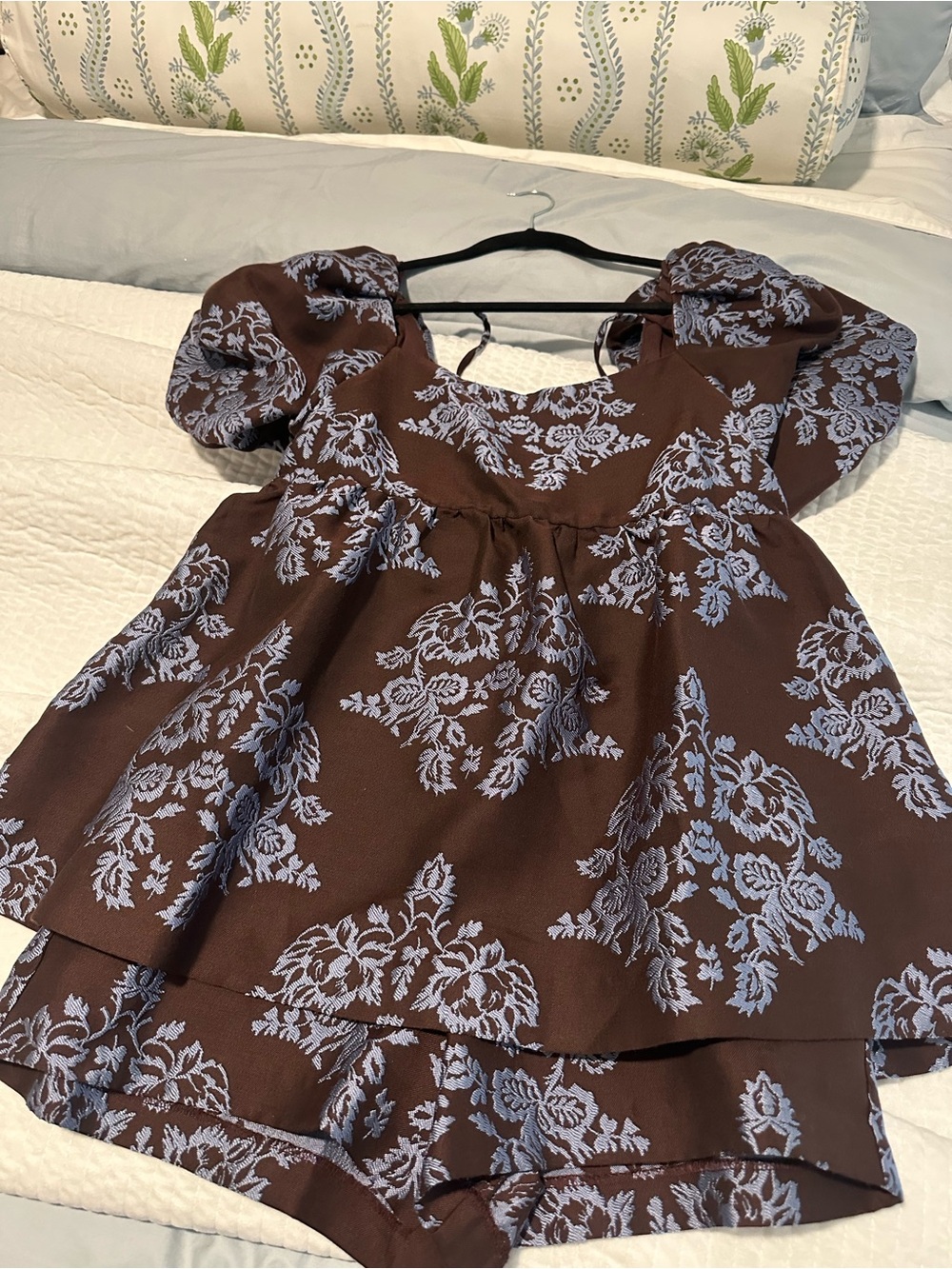 Anthropologie Brown Romper with Light Blue Floral Jacquard